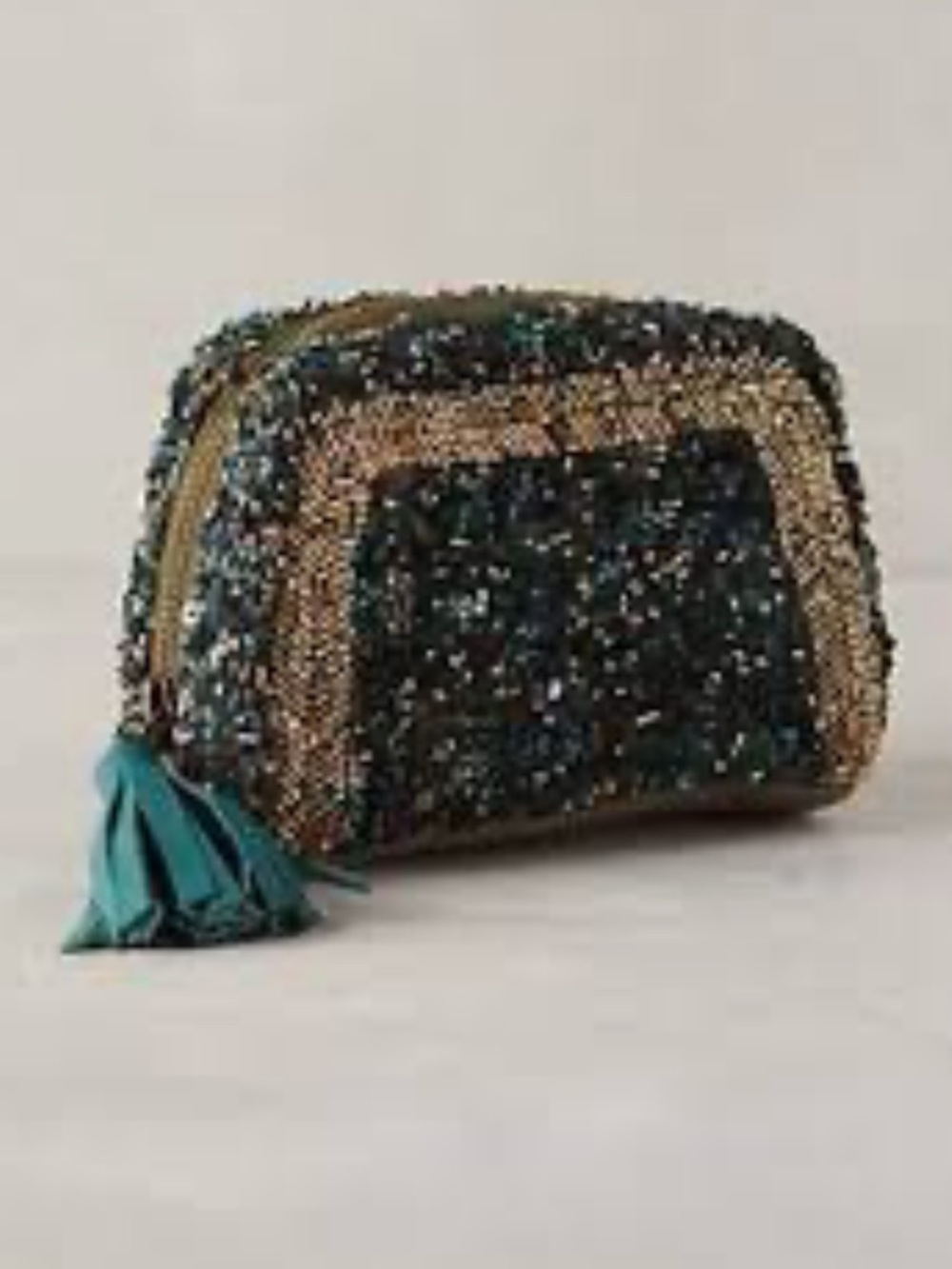 Jasper & Jeera Anthropolgie  Embellished Teal and Gold Beaded Cosmetic Pouch